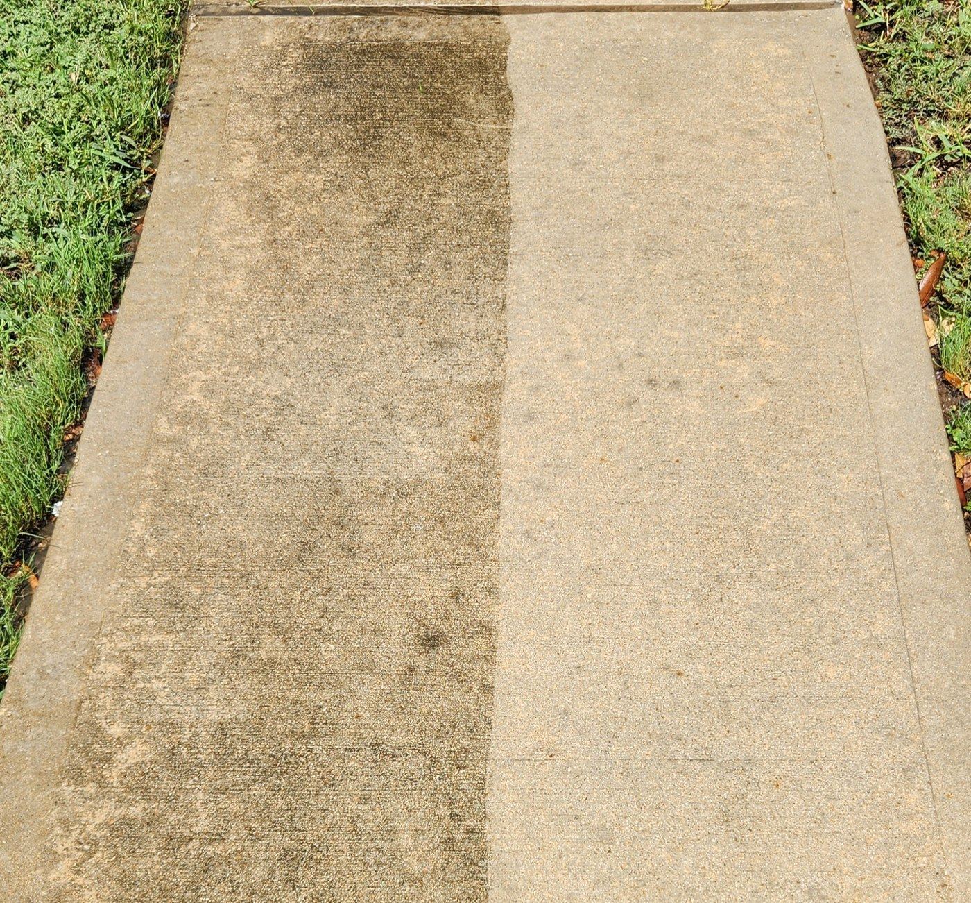 Concrete walkway before and after pressure washing, half clean half dirty