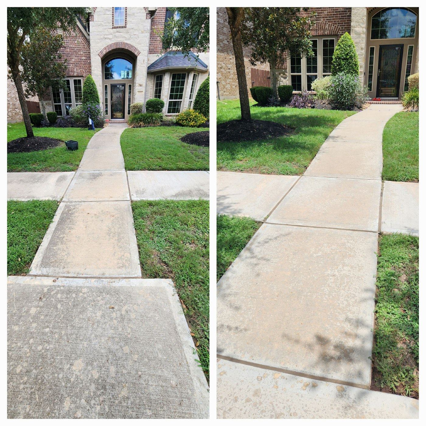 Concrete walkway before and after pressure washing